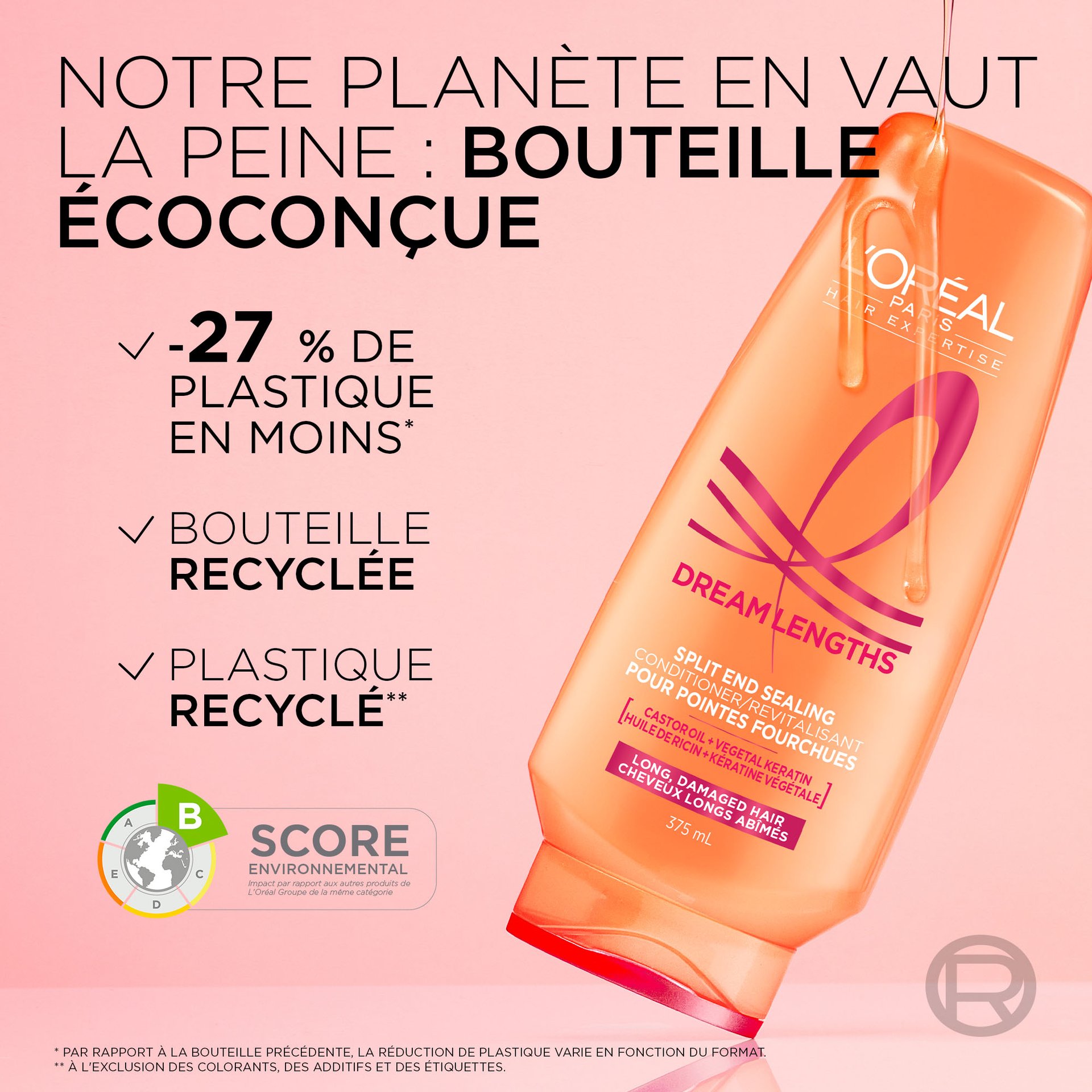 La nouvelle bouteille du revitalisant dream length est ecoçoncue avec du plastique recyclé et 27% d'utilisation de plastique